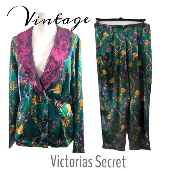 VICTORIAS SECRET🎄VTG PAJAMA SET Satiny teal green purple gold tassel print SZ SM - Picture 4 of 12